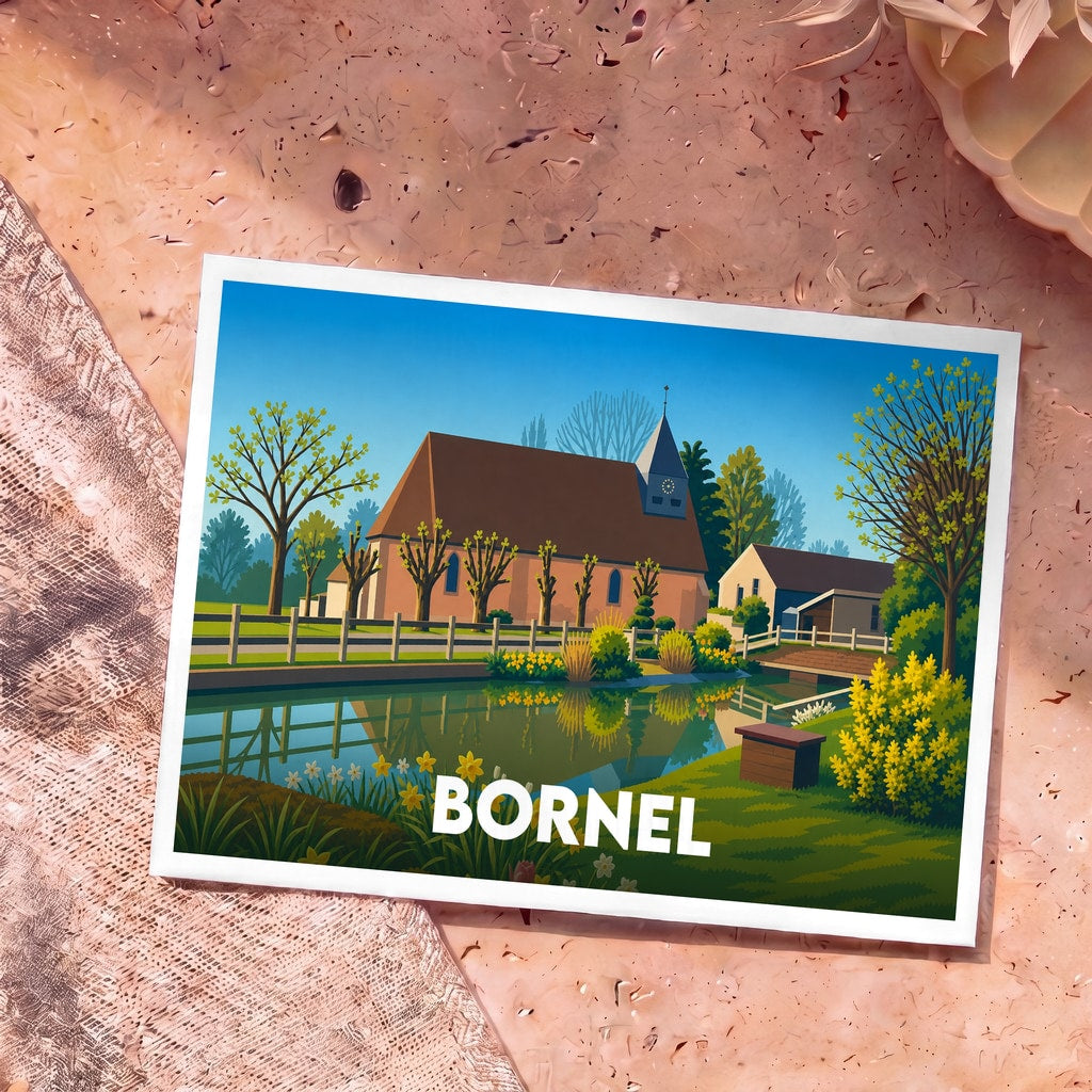 Carte postale souvenir de la ville de Bornel avec une illustration stylisée d'une église au bord de l'eau.