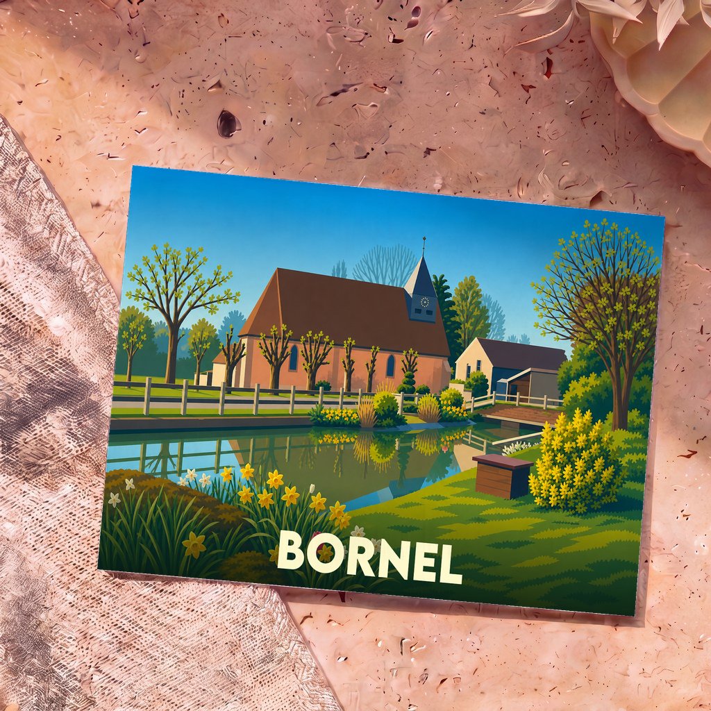 Carte postale souvenir de la ville de Bornel avec une illustration stylisée représentant son église au bord de l'eau.