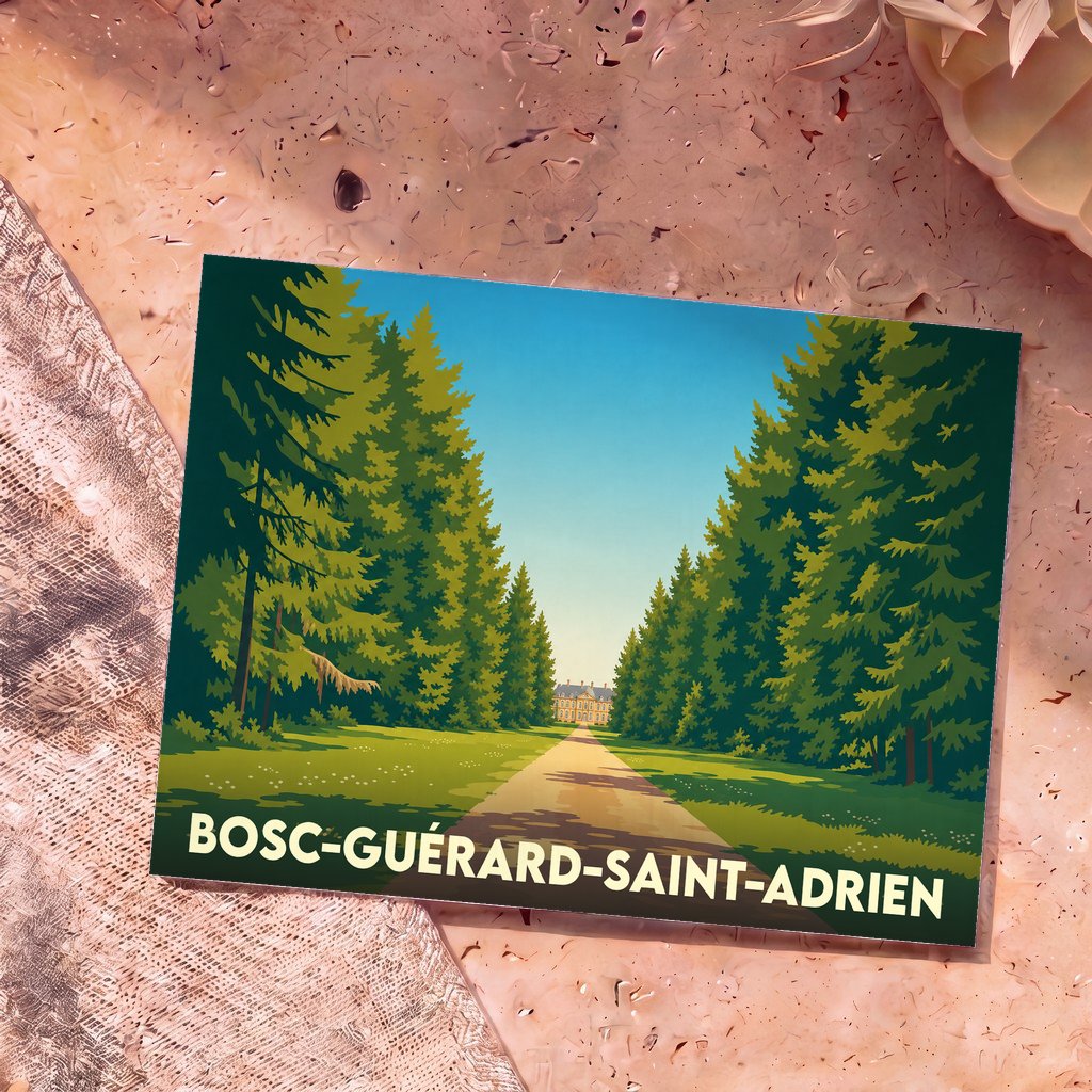 Carte postale souvenir de la ville de Bosc-Guérard-Saint-Adrien avec une illustration stylisée d'un château au bout d'une allée forestière.