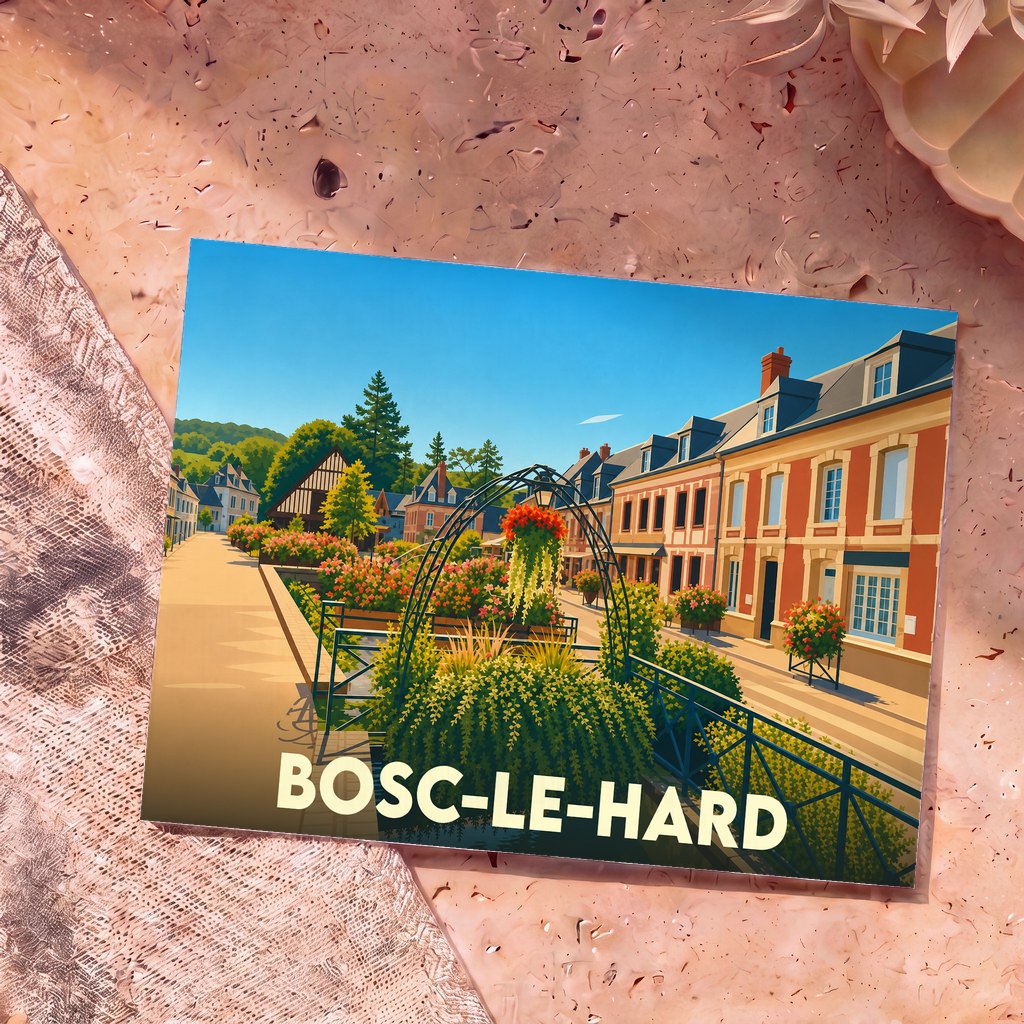 Carte postale souvenir de la ville de Bosc-le-Hard avec une illustration colorée et fleurie du centre-ville.