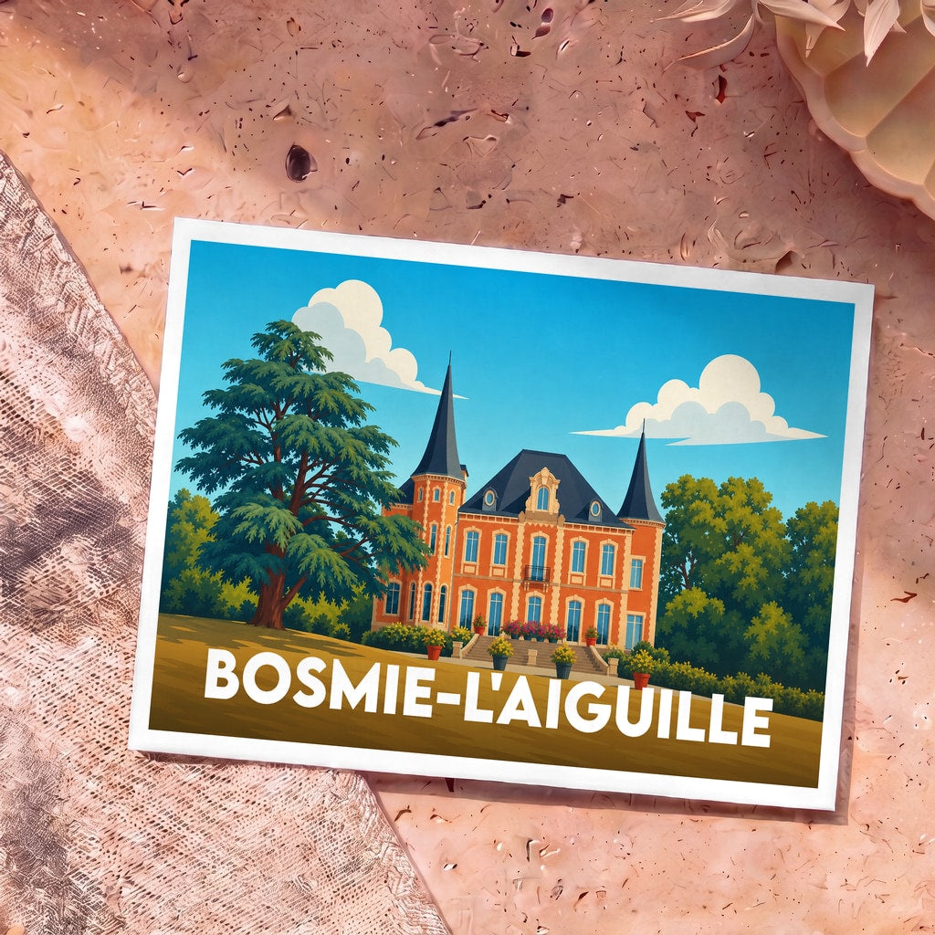 Carte postale souvenir de la ville de Bosmie-l'Aiguille avec une illustration stylisée d'un château.