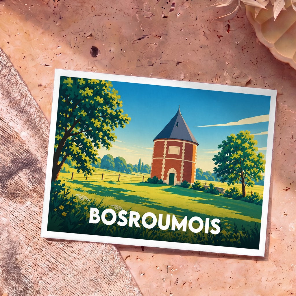 Carte postale souvenir de la ville de Bosroumois avec une illustration stylisée d'un pigeonnier traditionnel.
