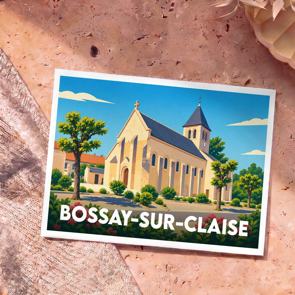 Carte postale souvenir de la ville de Bossay-sur-Claise avec une illustration stylisée de son église sous un ciel bleu.