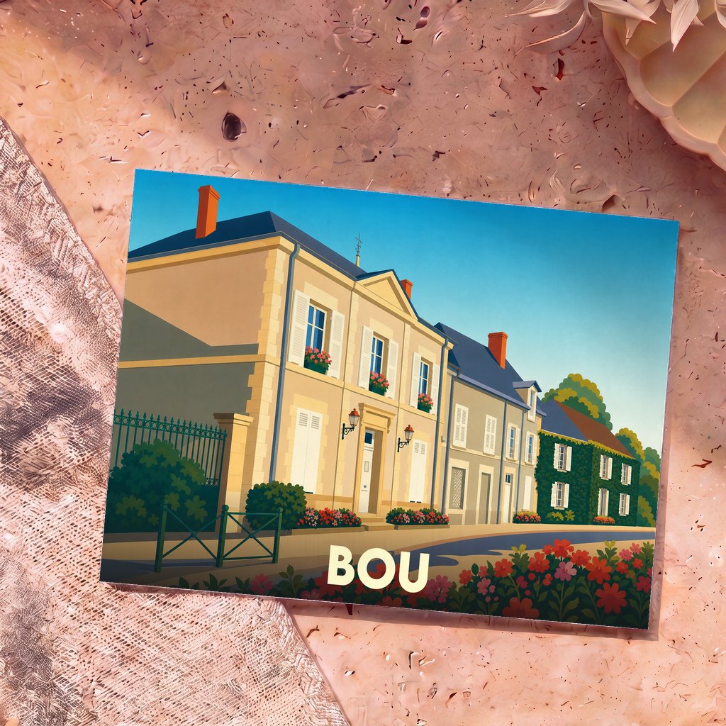 Carte postale souvenir de la ville de Bou avec une illustration stylisée de maisons colorées.