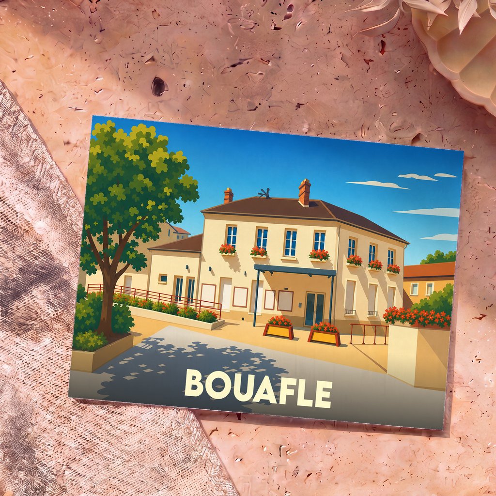 Carte postale souvenir de la ville de Bouafle avec une illustration stylisée d'un bâtiment fleuri sous un ciel bleu.