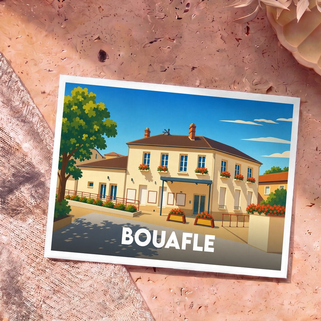 Carte postale souvenir de la ville de Bouafle avec une illustration stylisée d'un bâtiment fleuri sous un ciel bleu.