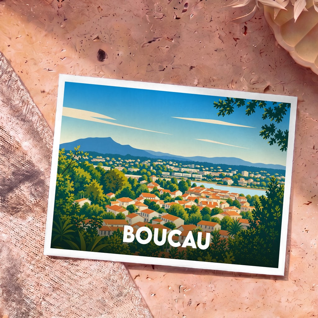 Carte postale souvenir de la ville de Boucau présentant une illustration stylisée et colorée du paysage urbain.