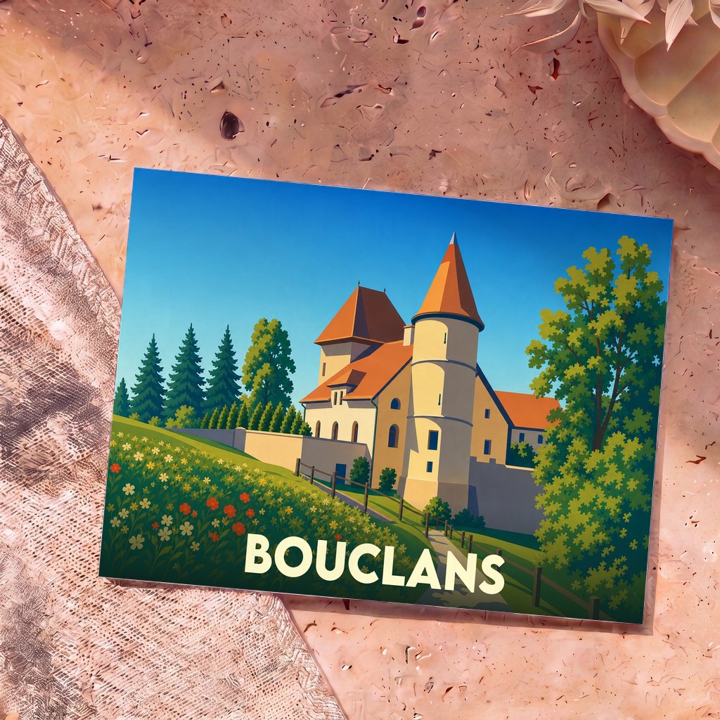 Carte postale souvenir de la ville de Bouclans avec une illustration stylisée de son château.