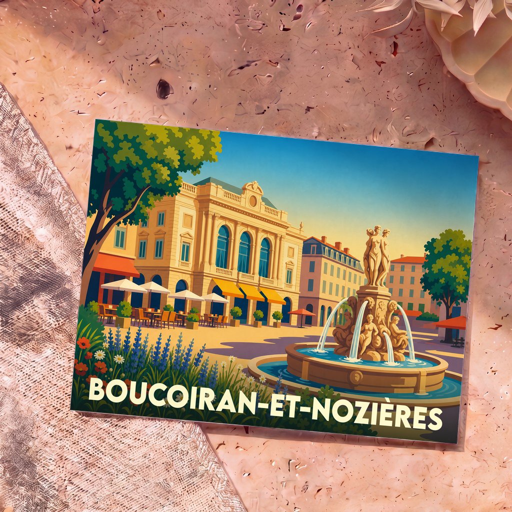Carte postale souvenir de la ville de Boucoiran-et-Nozières illustrant une place ensoleillée avec une fontaine sculptée et des bâtiments classiques.