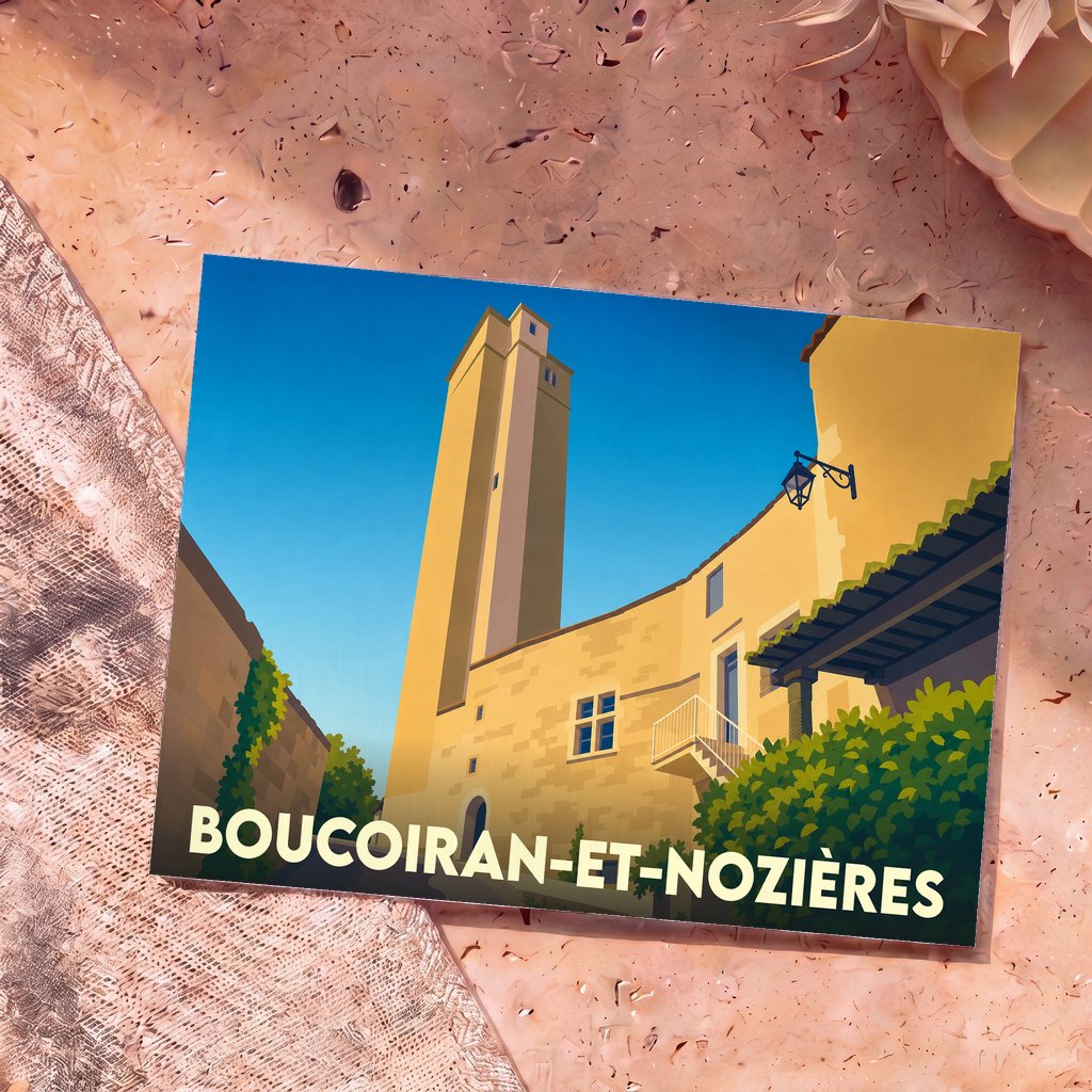 Carte postale souvenir de la ville de Boucoiran-et-Nozières avec une illustration stylisée de son château.