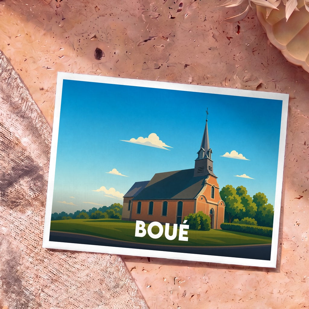 Carte postale souvenir de la ville de Boué illustrant son église dans un style graphique épuré.