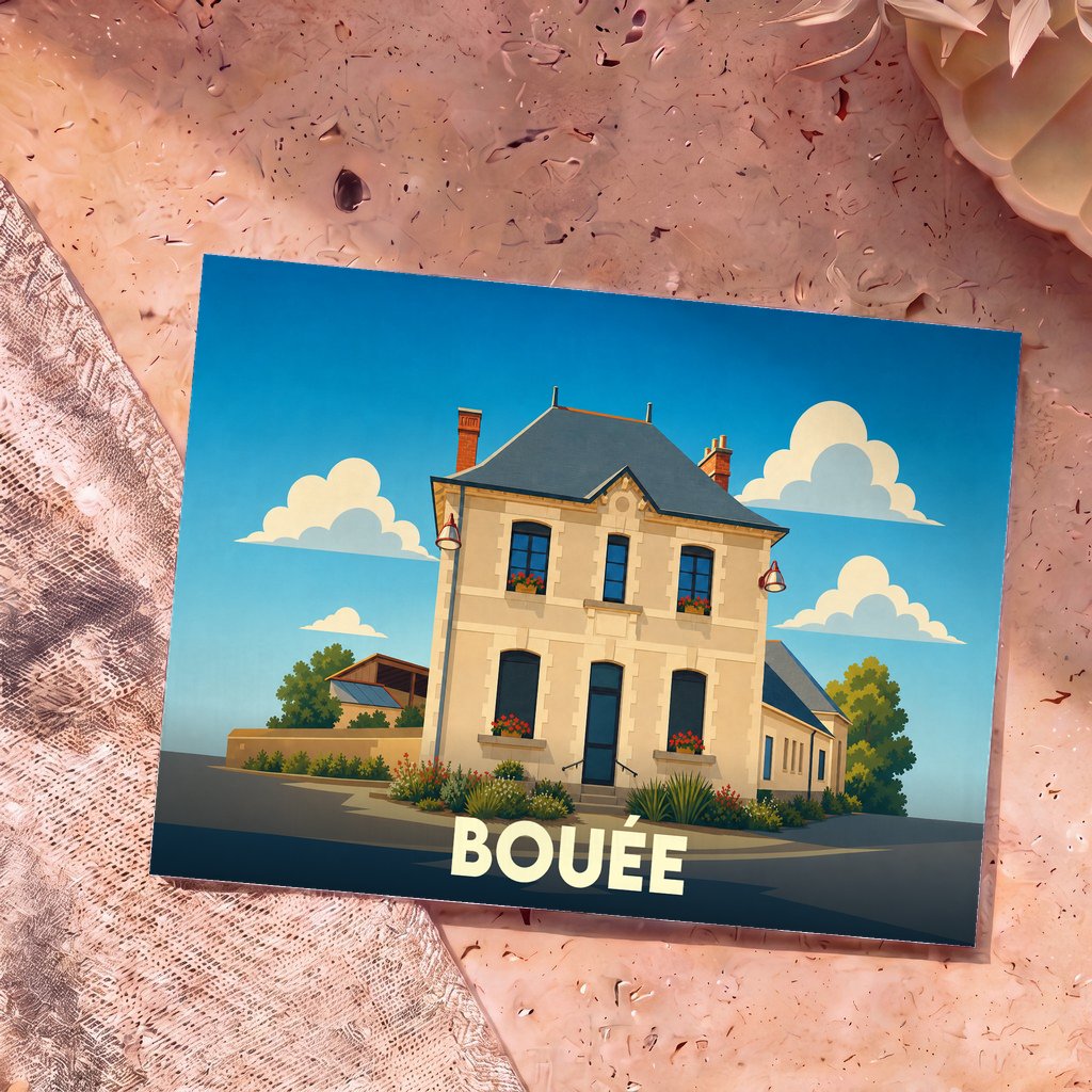 Carte postale souvenir de la ville de Bouée avec une illustration stylisée de son architecture locale.