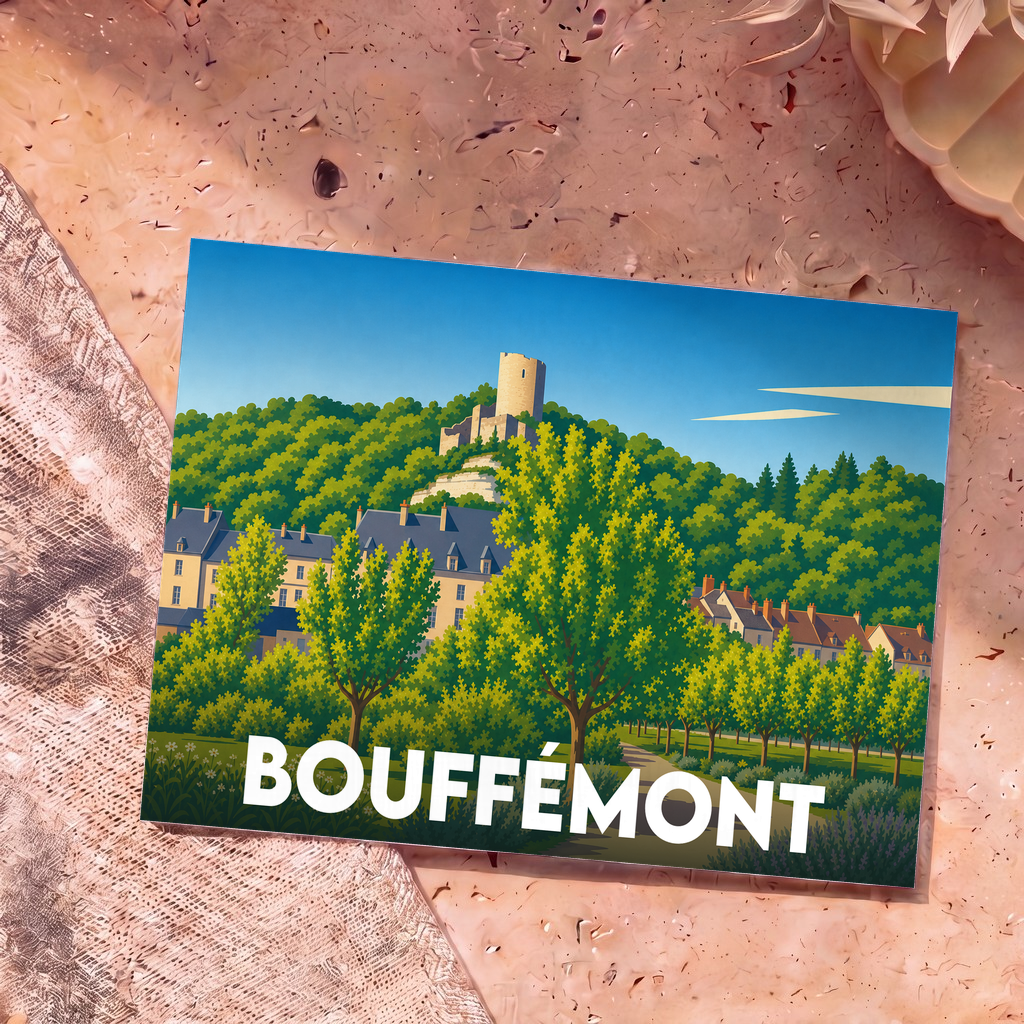 Carte postale souvenir de la ville de Bouffémont avec une illustration stylisée d'un château surplombant la nature.