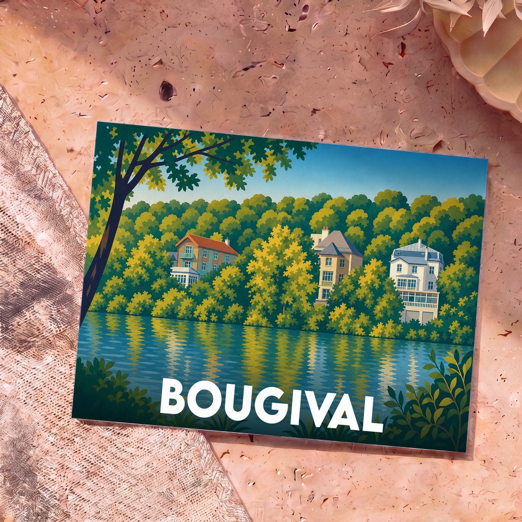 Carte postale souvenir de la ville de Bougival illustrant des maisons colorées au bord de l'eau.