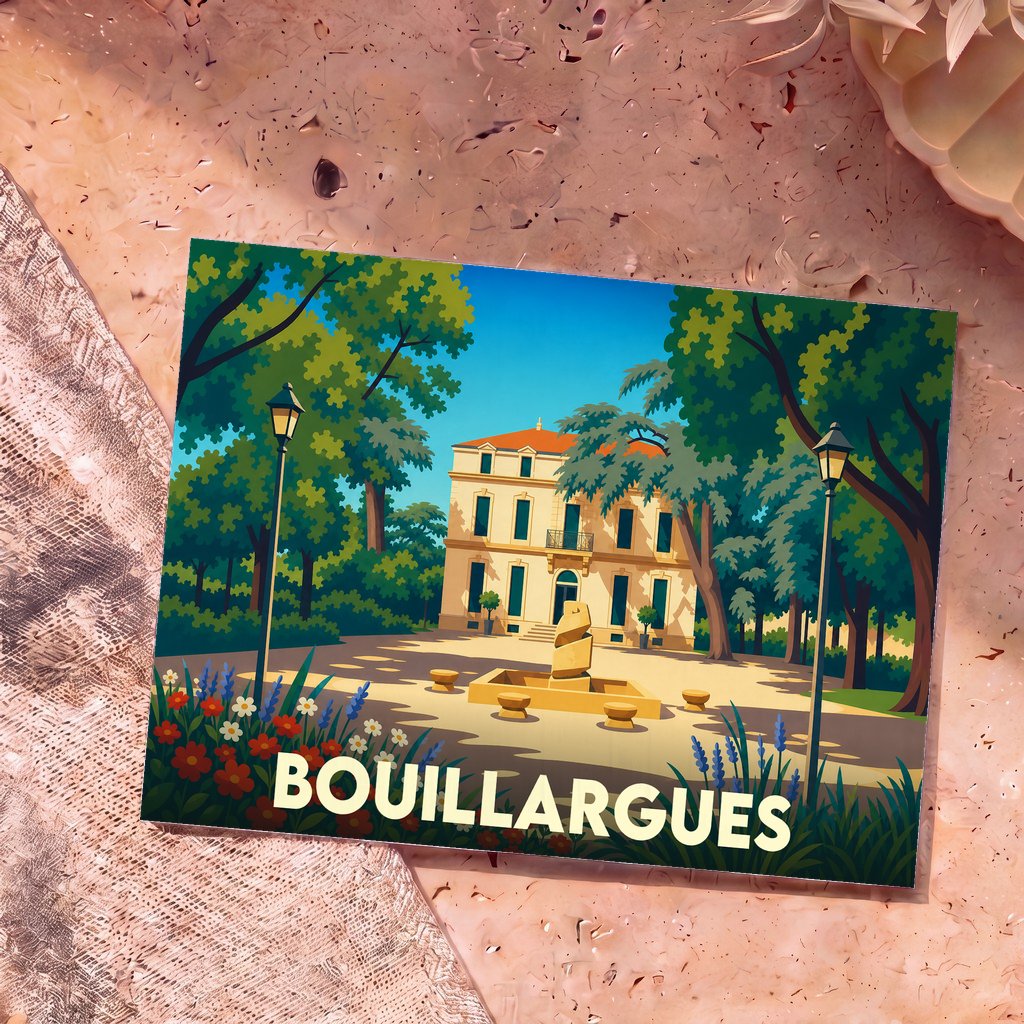 Carte postale souvenir de la ville de Bouillargues avec une illustration stylisée d'un parc et d'une bâtisse provençale.