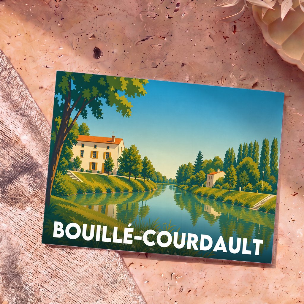 Carte postale souvenir de la ville de Bouillé-Courdault avec une illustration stylisée d'un paysage fluvial.
