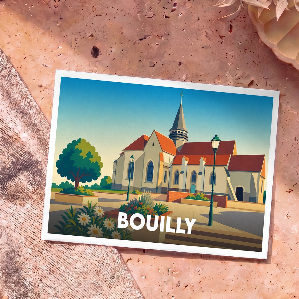 Carte postale souvenir de la ville de Bouilly avec une illustration stylisée de son église et de ses jardins.