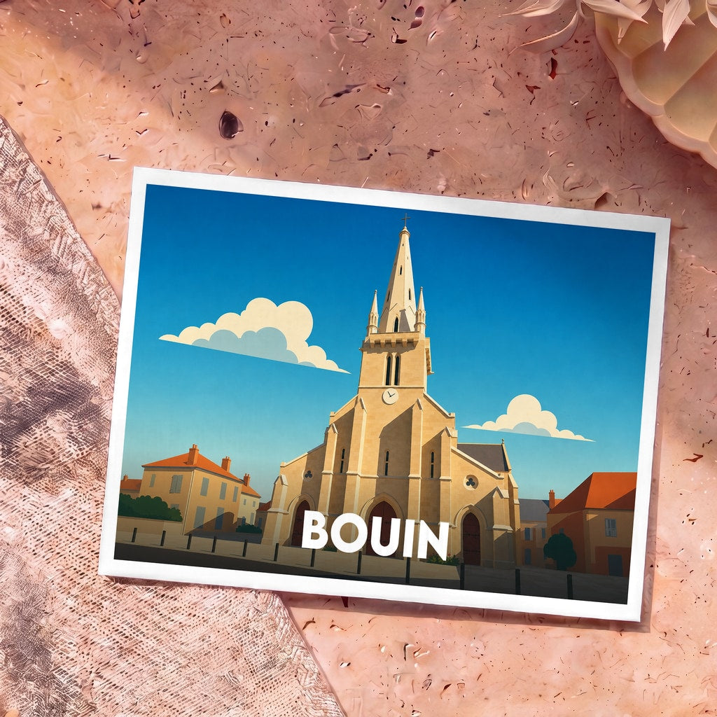 Carte postale souvenir de la ville de Bouin avec une illustration stylisée de son église et de sa place principale.