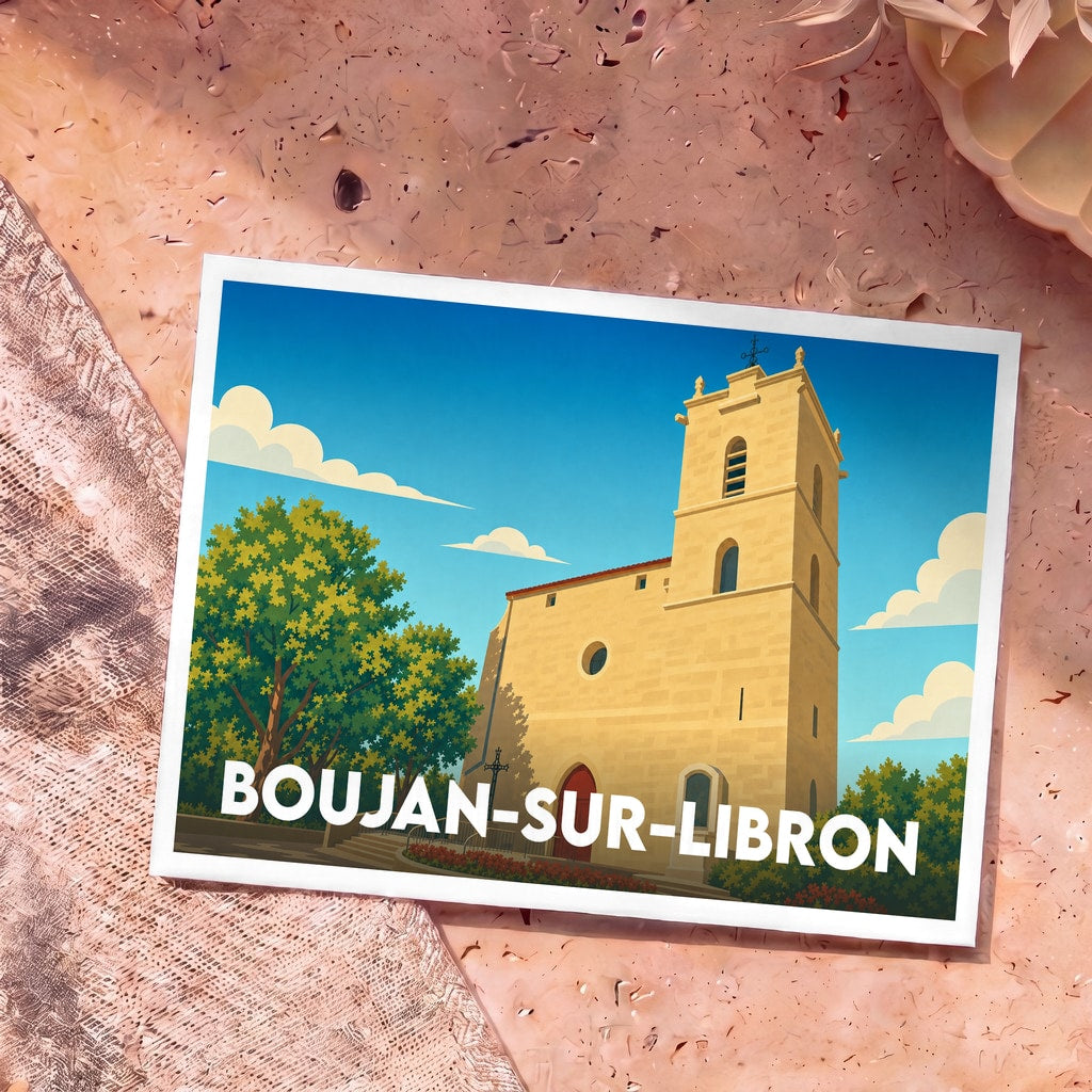 Carte postale souvenir de la ville de Boujan-sur-Libron présentant une illustration stylisée de son église sous un ciel bleu.