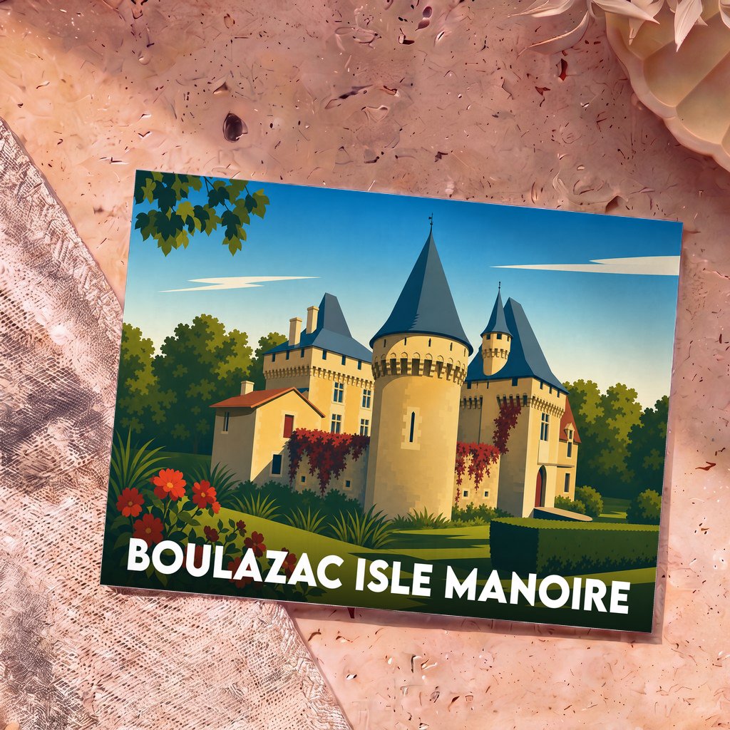 Carte postale souvenir de la ville de Boulazac Isle Manoire avec une illustration stylisée d'un château.