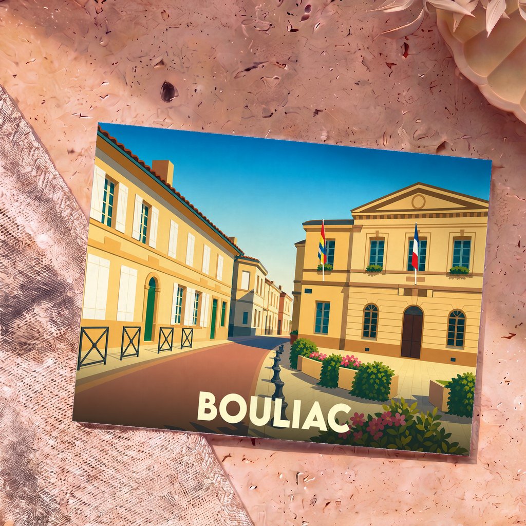 Carte postale souvenir de la ville de Bouliac avec une illustration stylisée de ses bâtiments et de sa mairie.