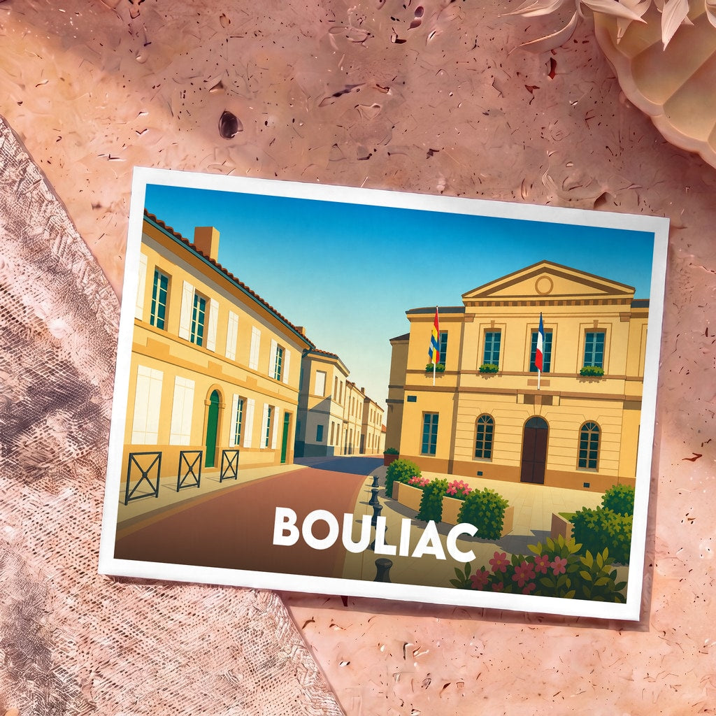 Carte postale souvenir de la ville de Bouliac avec une illustration stylisée de ses bâtiments et de sa mairie.