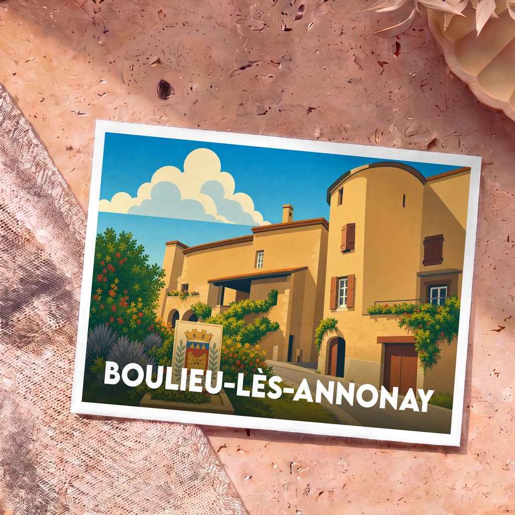 Carte postale souvenir de la ville de Boulieu-lès-Annonay avec une illustration stylisée d'un village médiéval.