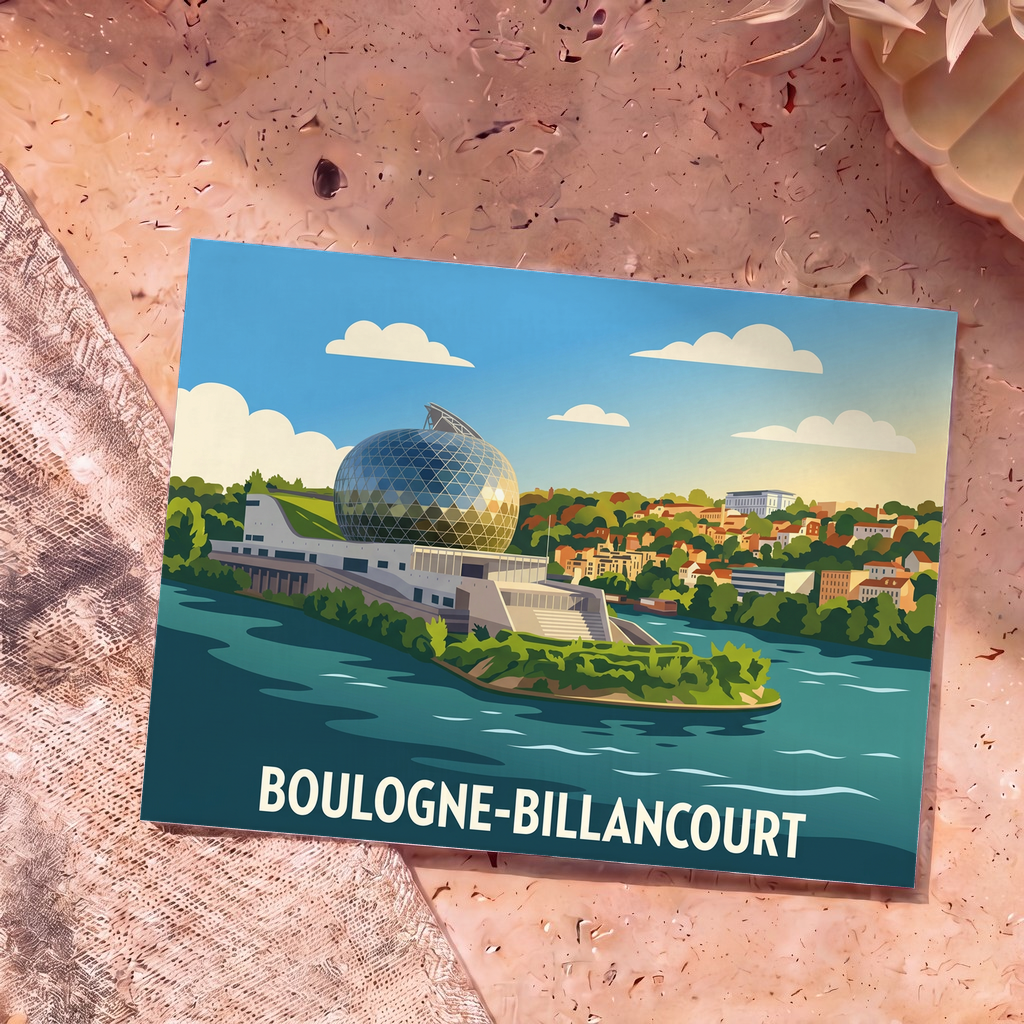 Carte postale souvenir de la ville de Boulogne-Billancourt illustrant la Seine et La Seine Musicale dans un style graphique épuré.