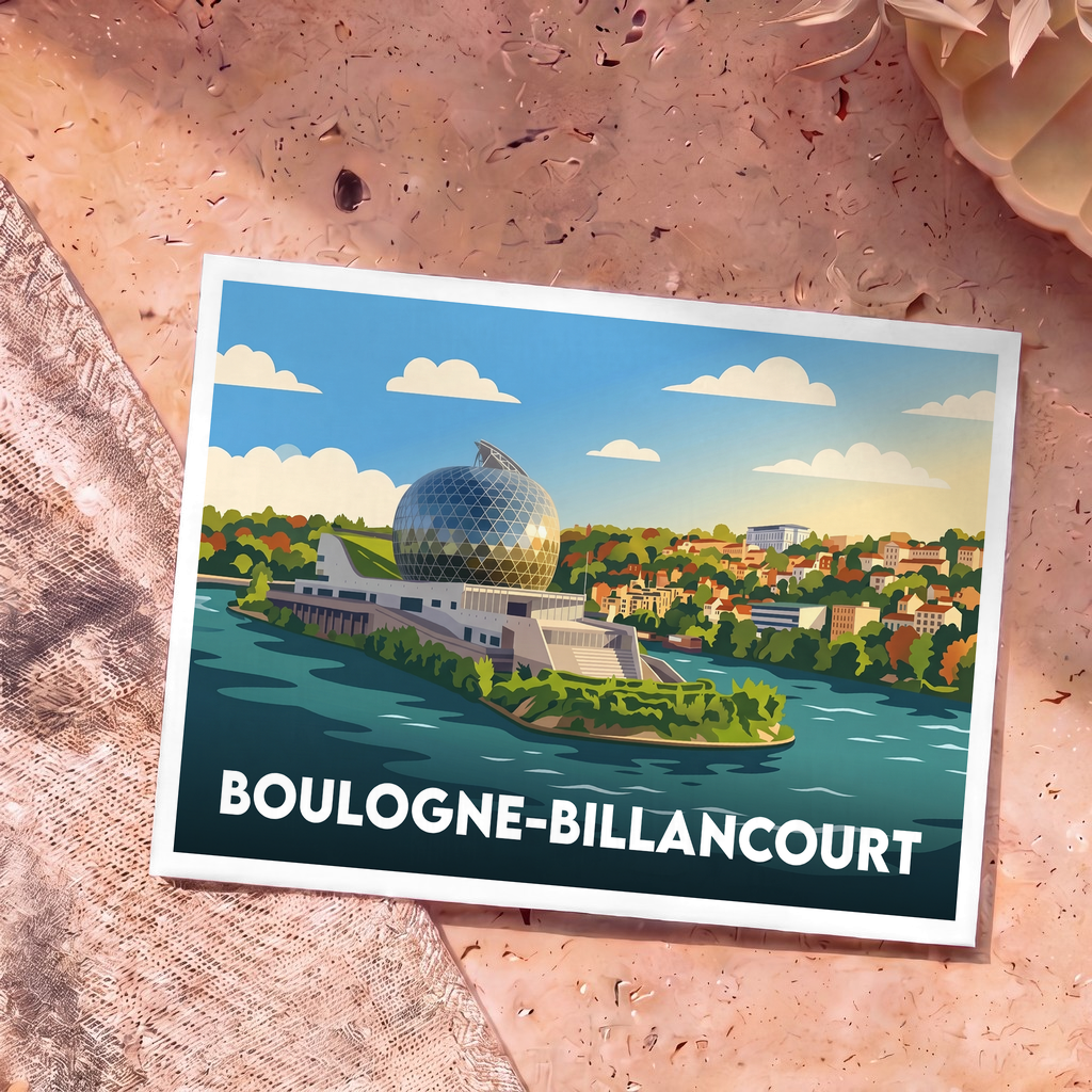 Carte postale souvenir de la ville de Boulogne-Billancourt illustrant la Seine et La Seine Musicale dans un style graphique épuré.