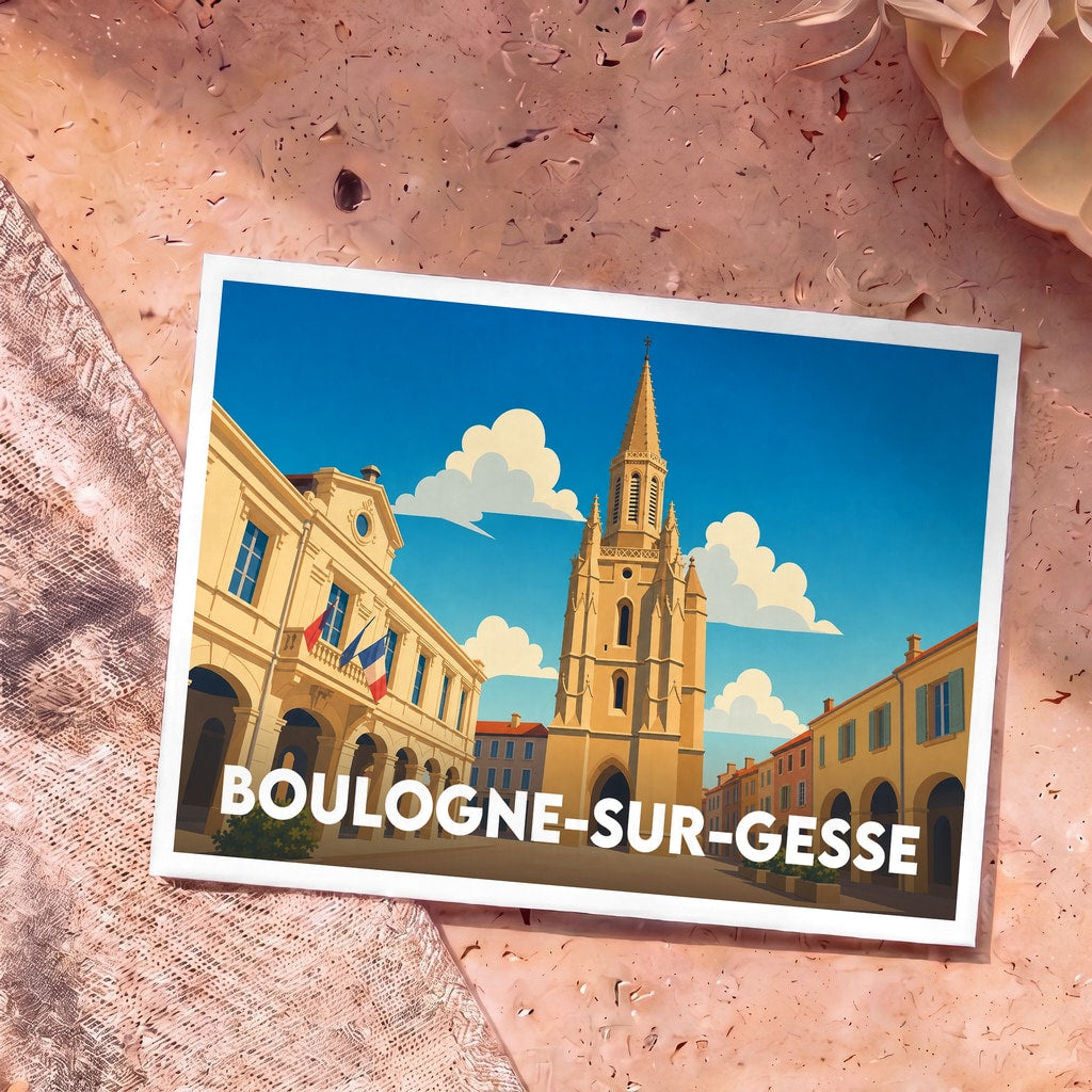 Carte postale souvenir de la ville de Boulogne-sur-Gesse avec une illustration stylisée de son église et de sa mairie.