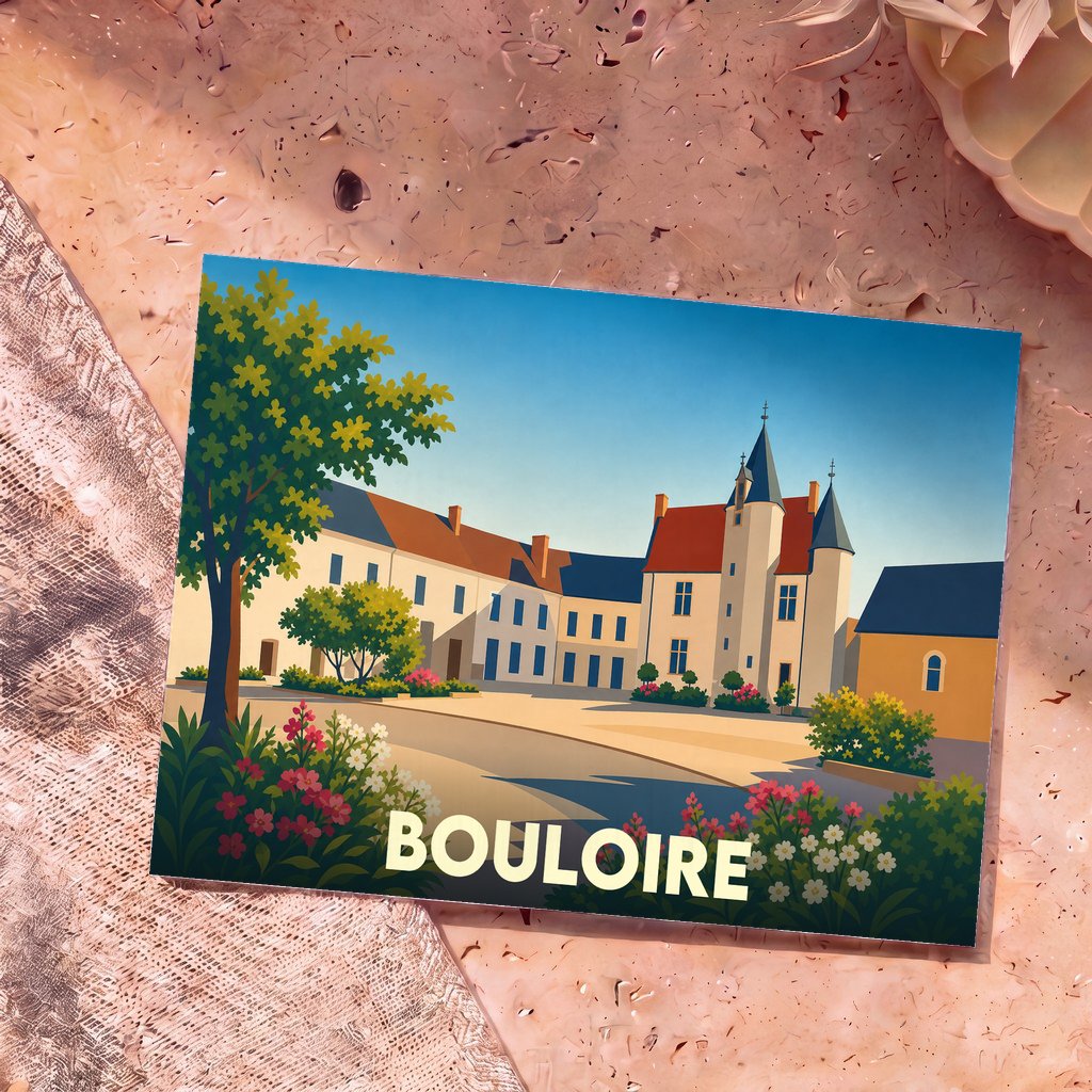 Carte postale souvenir de la ville de Bouloire illustrant son château et ses jardins dans un style graphique épuré.