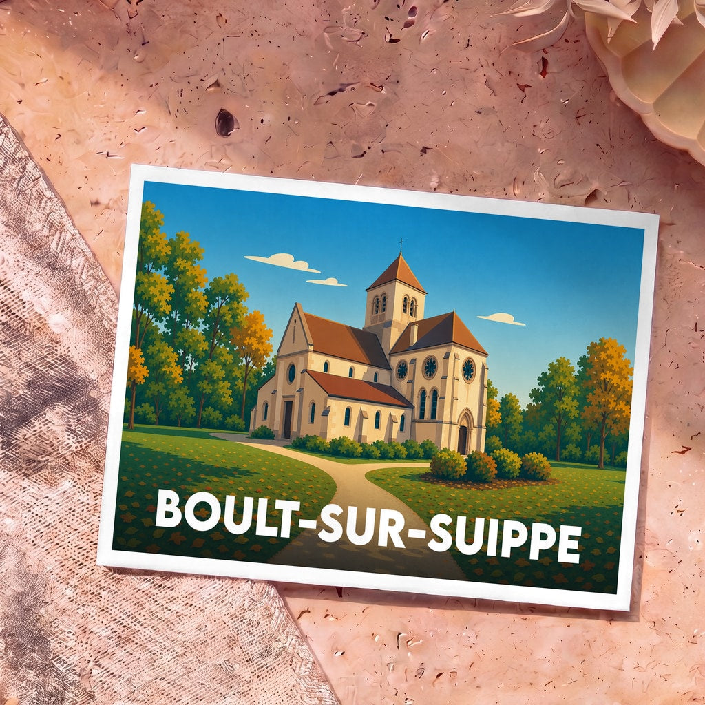 Carte postale souvenir de la ville de Boult-sur-Suippe avec une illustration stylisée de son église.