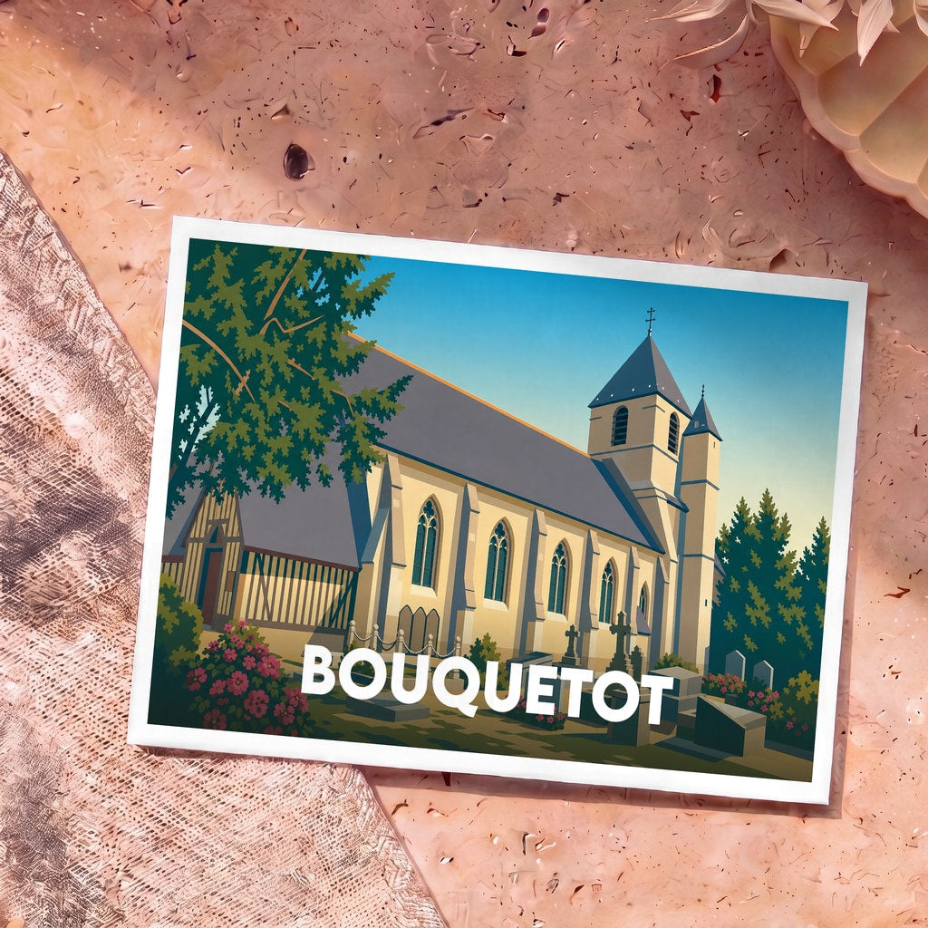 Carte postale souvenir de la ville de Bouquetot avec une illustration stylisée de son église et de son cimetière.