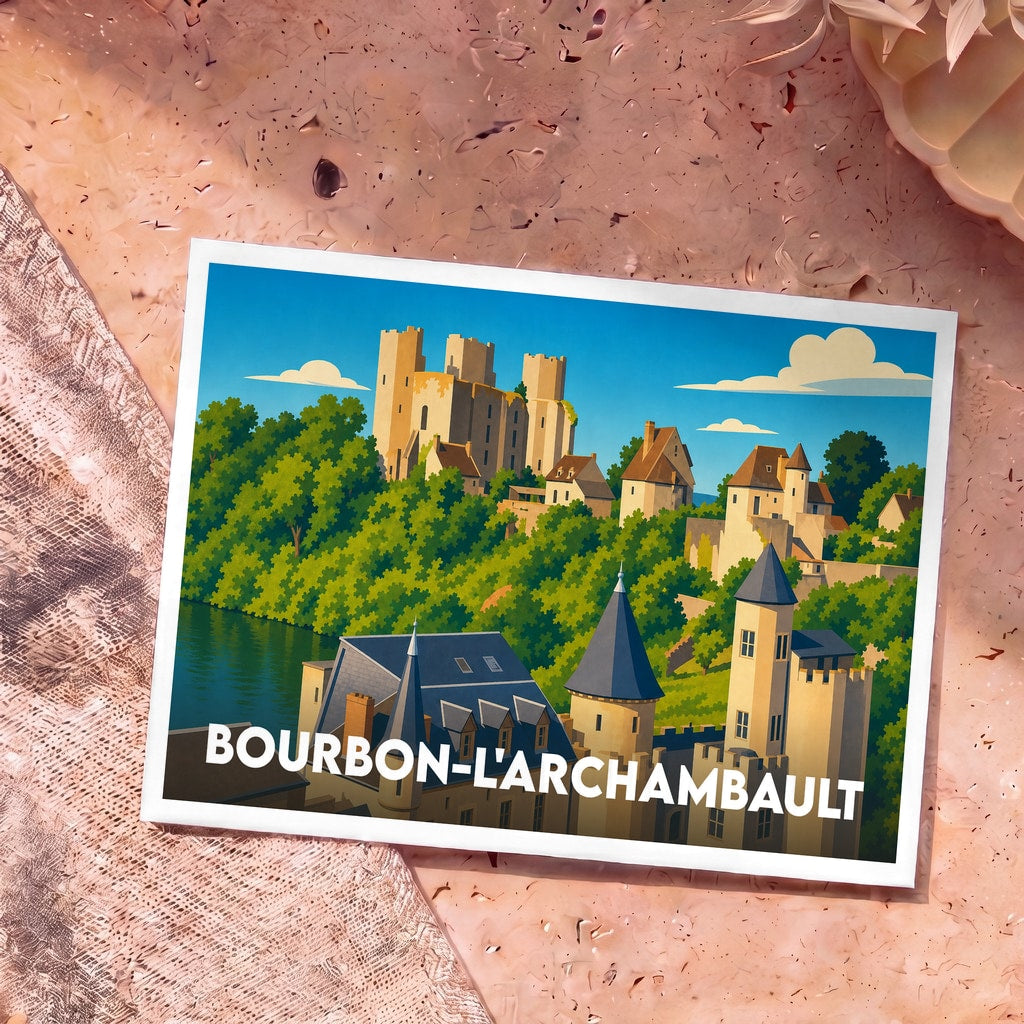 Carte postale souvenir de la ville de Bourbon-l'Archambault avec une illustration stylisée de son château médiéval.
