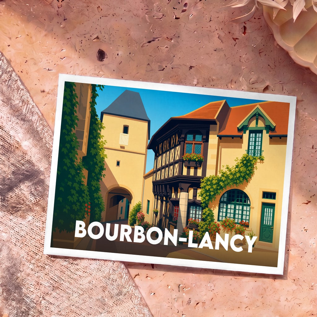 Carte postale souvenir de la ville de Bourbon-Lancy avec une illustration stylisée d'une rue historique.