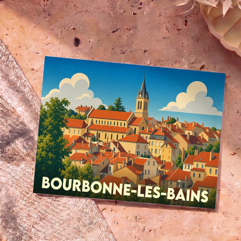Carte postale souvenir de la ville de Bourbonne-les-Bains avec une illustration stylisée.