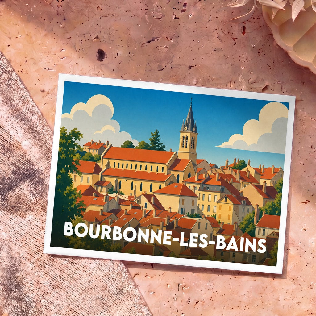 Carte postale souvenir de la ville de Bourbonne-les-Bains avec une illustration stylisée.