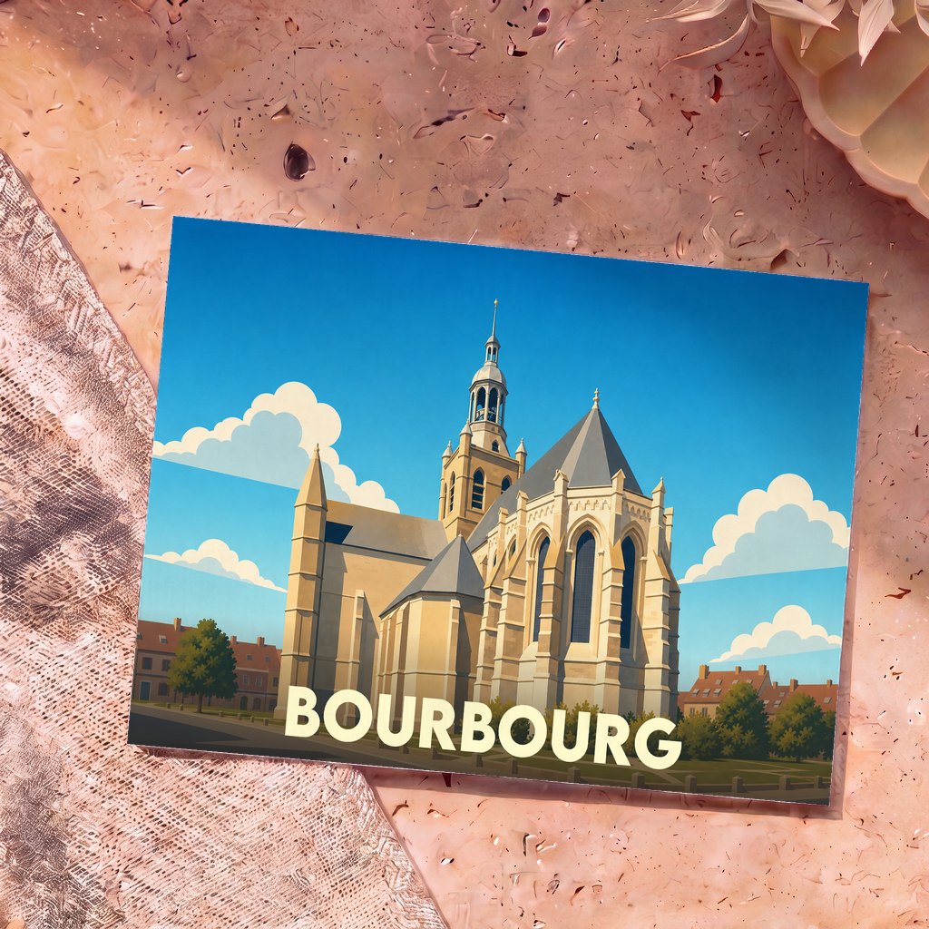 Carte postale souvenir de la ville de Bourbourg avec une illustration stylisée de son église sous un ciel bleu.