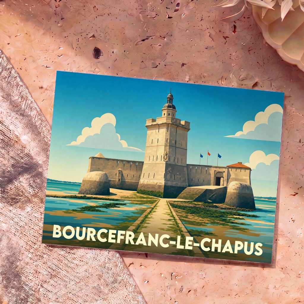 Carte postale souvenir de la ville de Bourcefranc-le-Chapus illustrant le Fort Louvois dans un style graphique épuré.