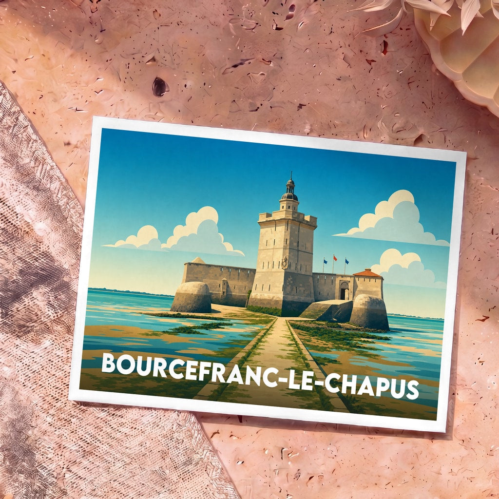 Carte postale souvenir de la ville de Bourcefranc-le-Chapus illustrant le Fort Louvois dans un style graphique épuré.