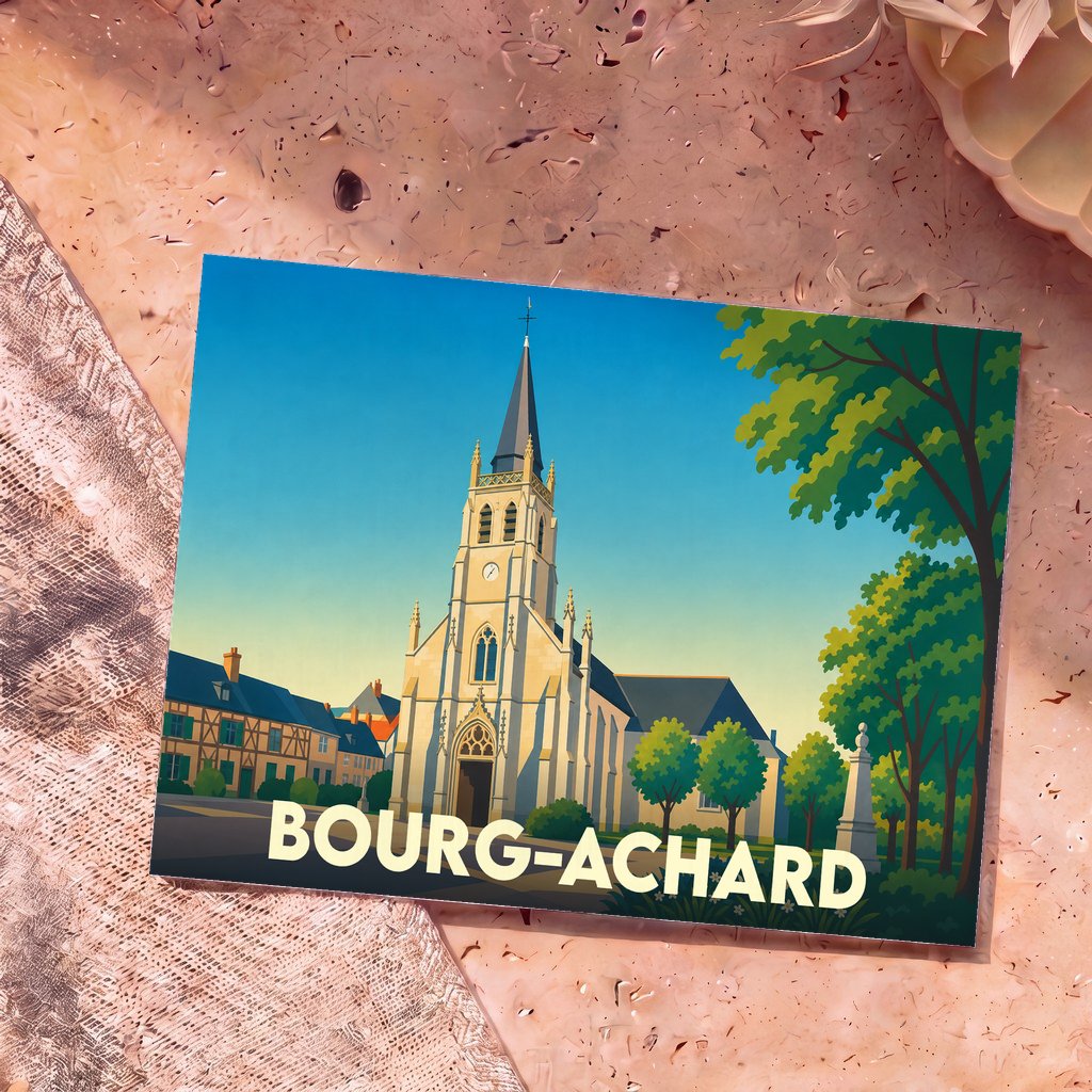 Carte postale souvenir de la ville de Bourg-Achard illustrant son église dans un style graphique épuré.