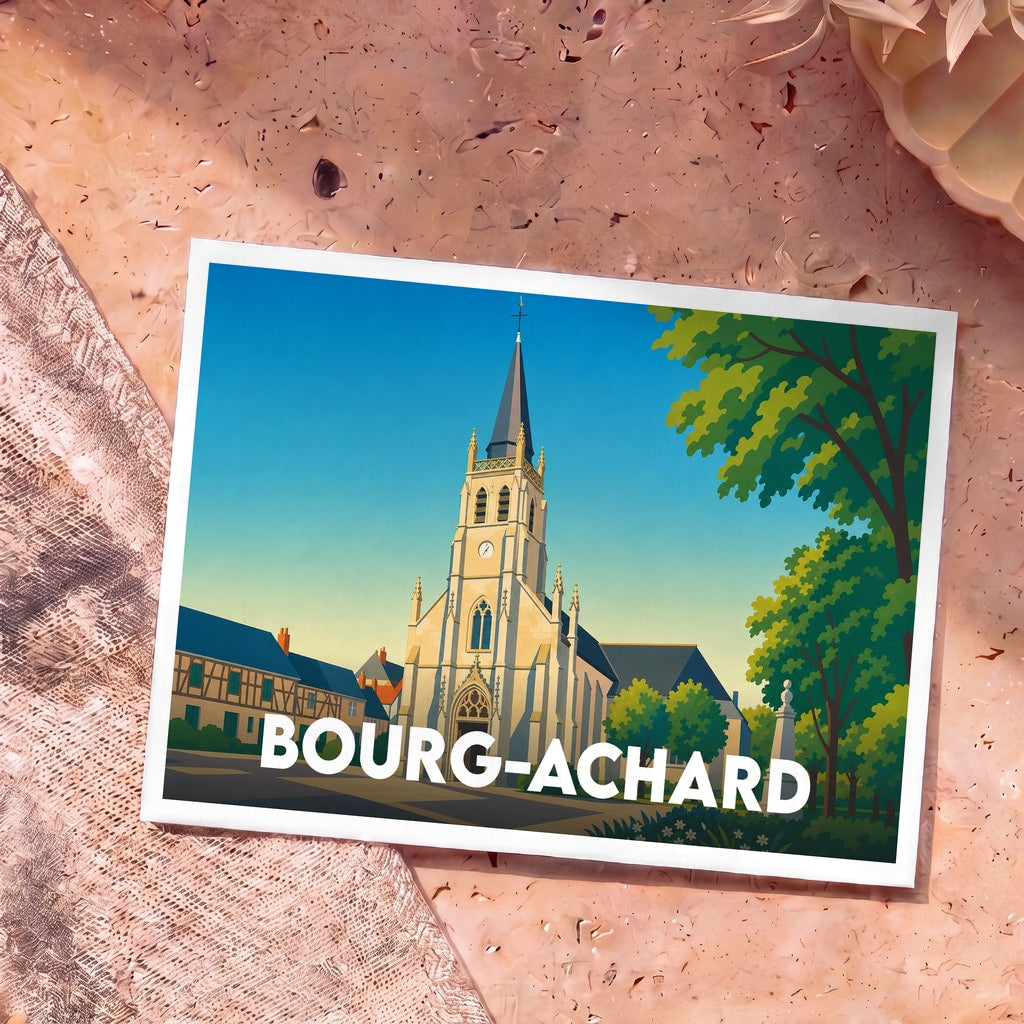 Carte postale souvenir de la ville de Bourg-Achard présentant une illustration stylisée de son église sous un ciel bleu.