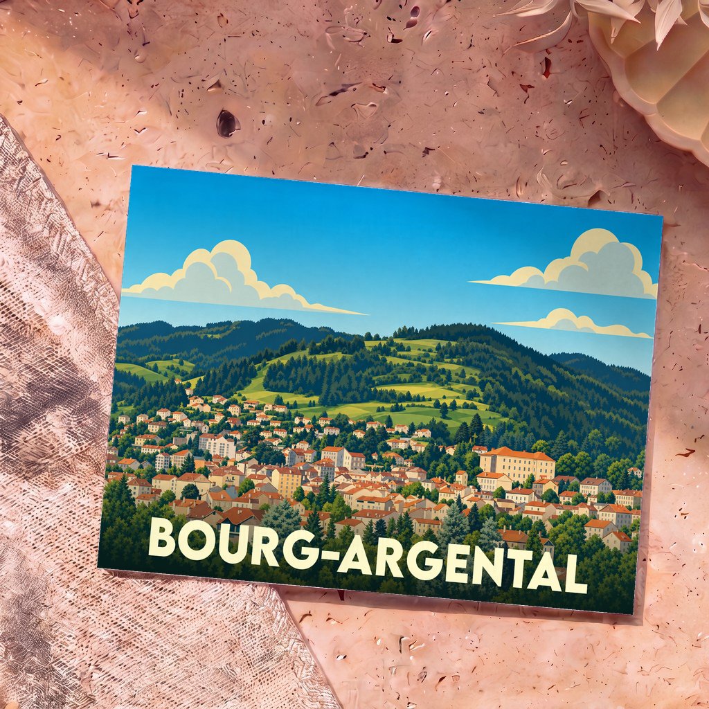 Carte postale souvenir de la ville de Bourg-Argental avec une illustration stylisée d'un village de montagne.