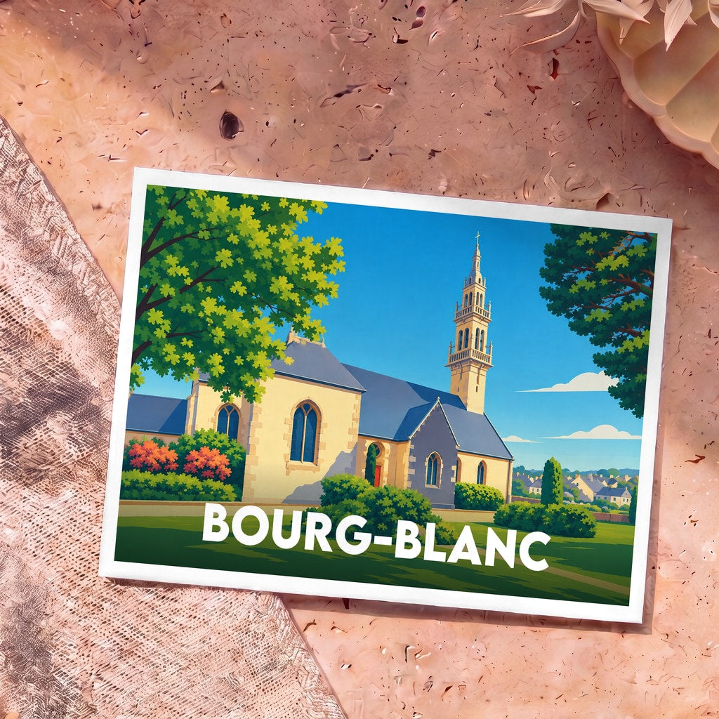 Carte postale souvenir de la ville de Bourg-Blanc avec une illustration stylisée de son église.