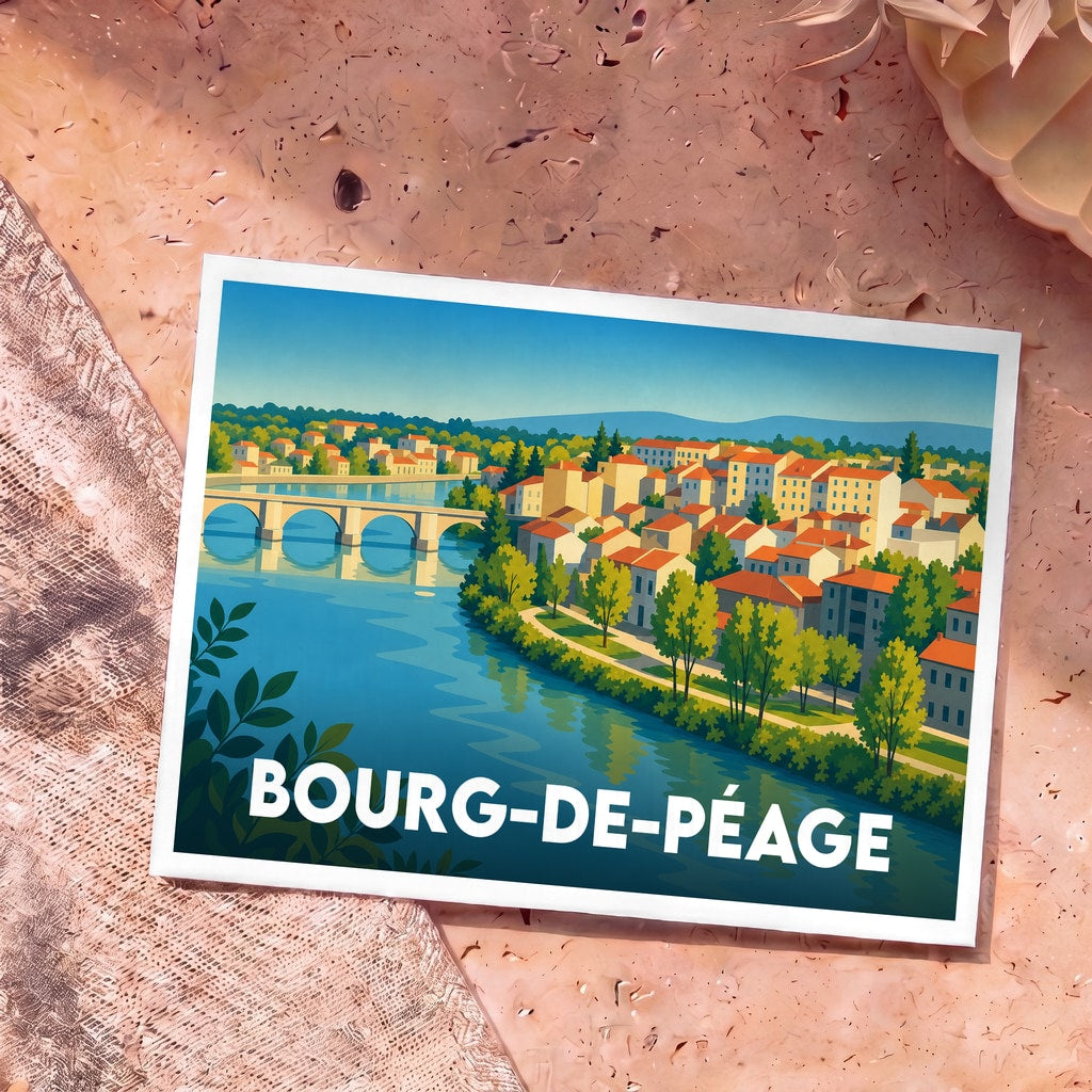 Carte postale souvenir de la ville de Bourg-de-Péage illustrant les bords de l'Isère dans un style graphique épuré.