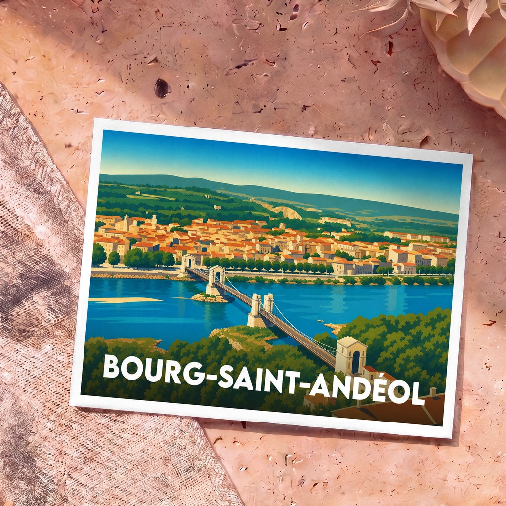Carte postale souvenir de la ville de Bourg-Saint-Andéol avec une illustration stylisée de son pont suspendu et du Rhône.