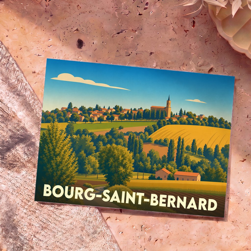 Carte postale souvenir de la ville de Bourg-Saint-Bernard avec une illustration stylisée de son paysage vallonné.