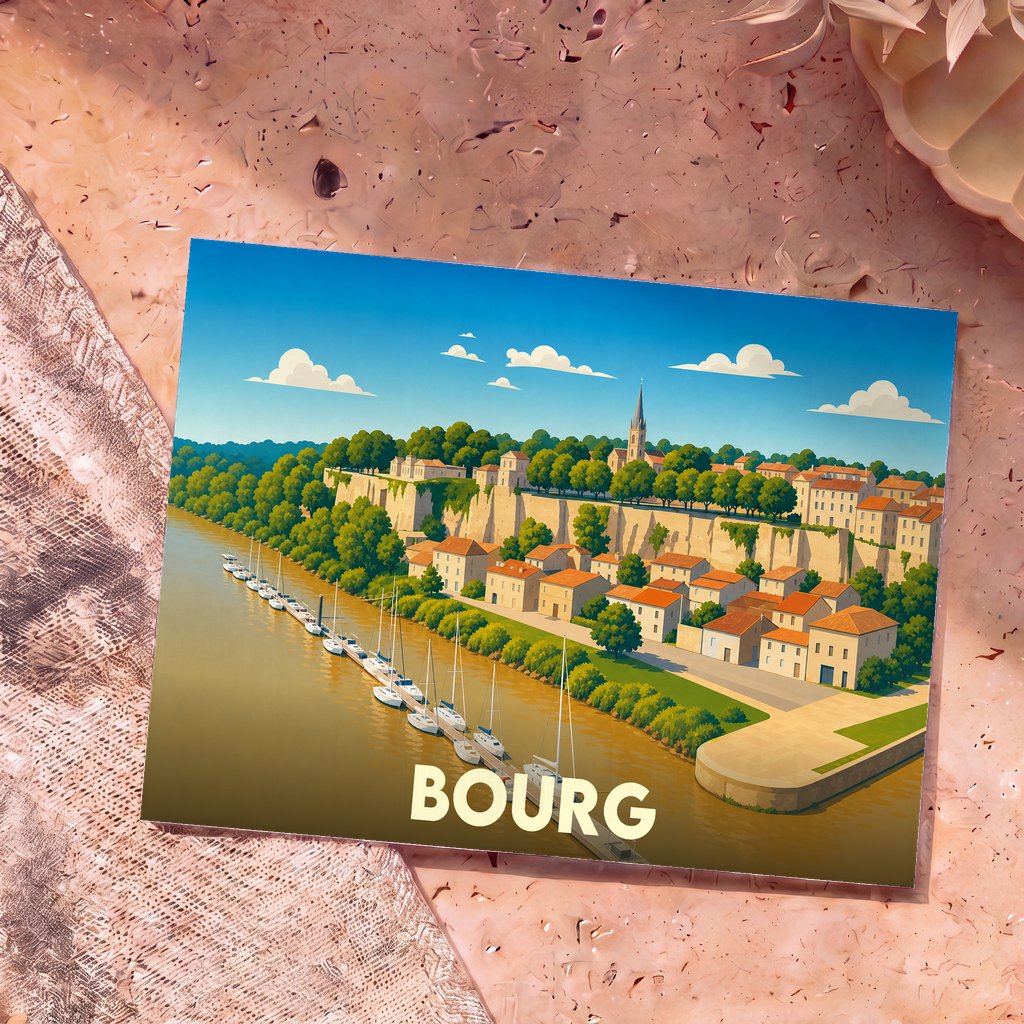 Carte postale souvenir de la ville de Bourg avec une illustration stylisée de son port et de sa cité médiévale en bord de fleuve.