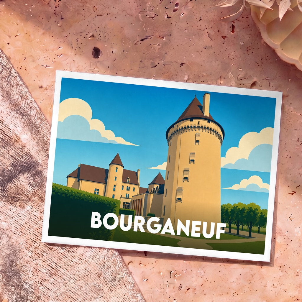 Carte postale souvenir de la ville de Bourganeuf avec une illustration stylisée de son château.