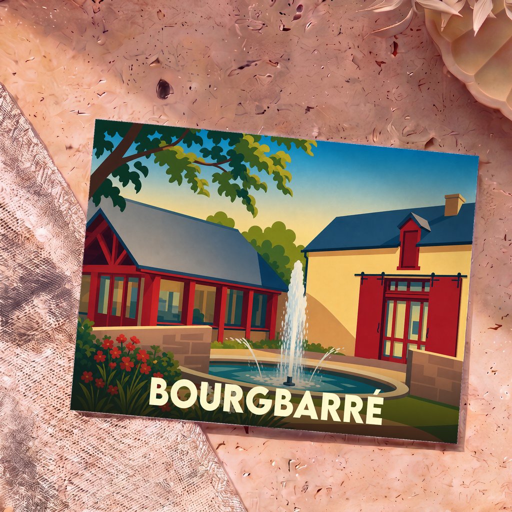 Carte postale souvenir de la ville de Bourgbarré avec une illustration stylisée de bâtiments colorés et d'une fontaine.